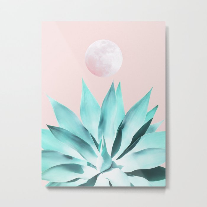 Stellar Agave and Full Moon - pastel aqua and pink Metal Print