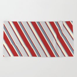 [ Thumbnail: Red, Light Slate Gray, Light Grey & Beige Colored Pattern of Stripes Beach Towel ]
