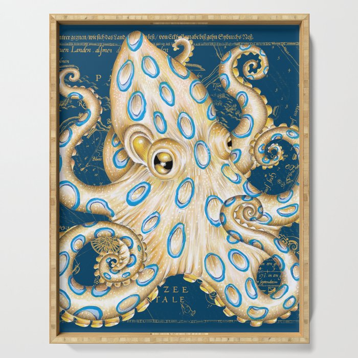 Blue Ring Octopus Indigo Vintage Nautical Marine Map Serving Tray