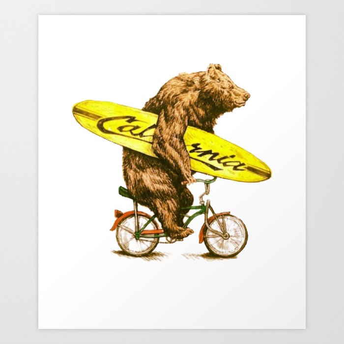 California Bear With Bicycle And Surfboard For Surfers Art Print By Mcko2704 Society6