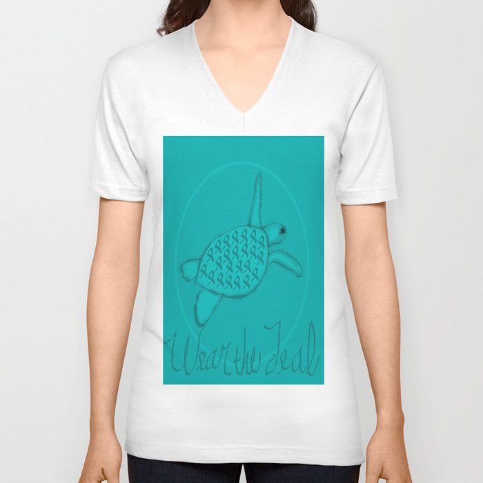 Wear the Teal Ovarian Cancer Awareness Sea Turtle V Neck T Shirt