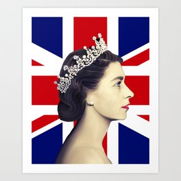 Queen Elizabeth II Profile with British Flag Art Print