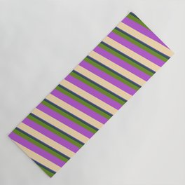 [ Thumbnail: Colorful Slate Blue, Dark Slate Gray, Green, Orchid & Beige Colored Striped Pattern Yoga Mat ]