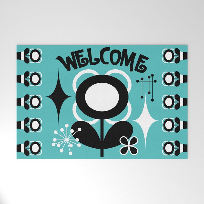 Retro MCM Scandinavian Flowers // Mid Century Modern Floral // Turquoise, Black and White Welcome Mat