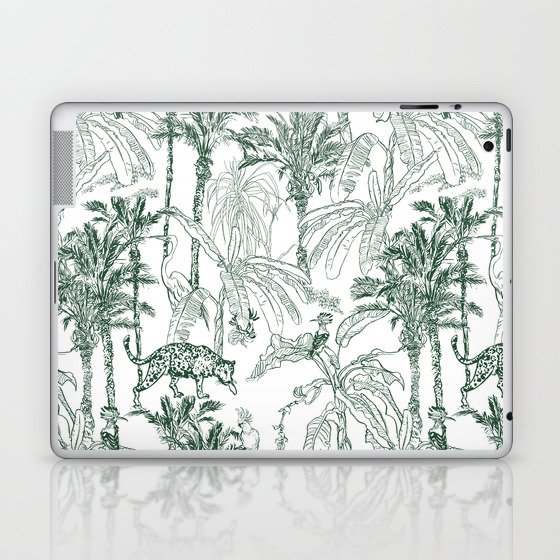 Seamless Pattern Vintage Lithograph Sketch Drawing Wildlife Leopard Animal, Hoopoe, Cockatoo Parrots and Crane Birds in Banana Palm Trees Jungle Rainforest Etching Hand Drawn Textile Design Laptop & iPad Skin