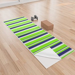 [ Thumbnail: Chartreuse, White & Midnight Blue Colored Stripes Pattern Yoga Towel ]