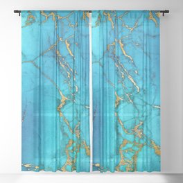 Gold And Teal Blue Indigo Malachite Marble  Sheer Curtain