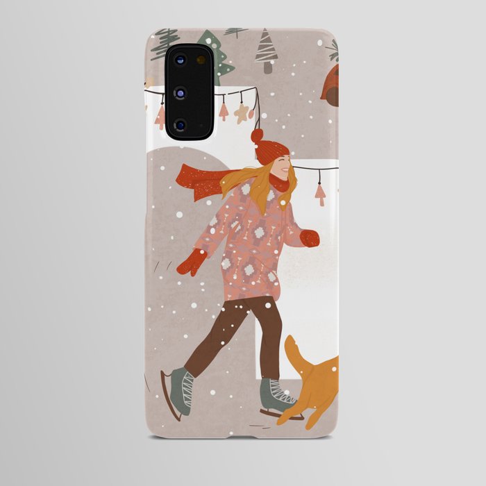 skating girl and her doggy in a Christmas snowing day Android Case