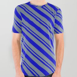 [ Thumbnail: Blue and Light Slate Gray Colored Stripes Pattern All Over Graphic Tee ]