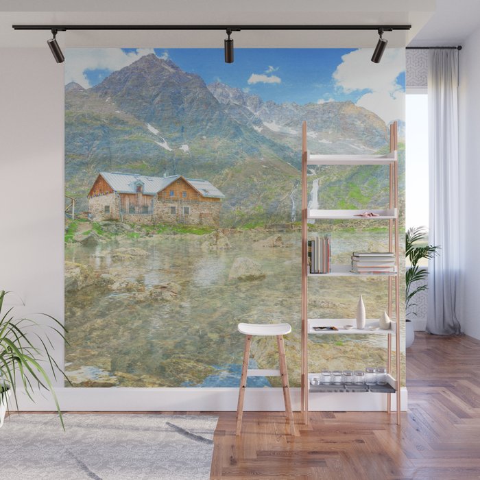 mountain cabin impressionism painted realistic scene Wall Mural
