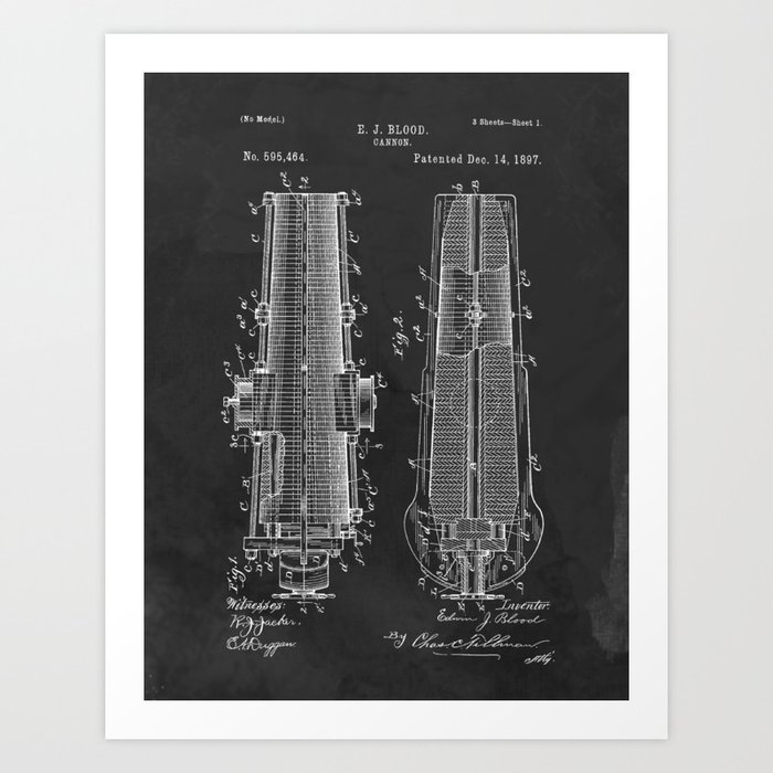 1897 Cannon Patent Invention Blueprint Military Art Print