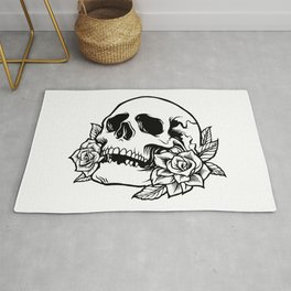 Black and White skull with roses pen drawing Rug