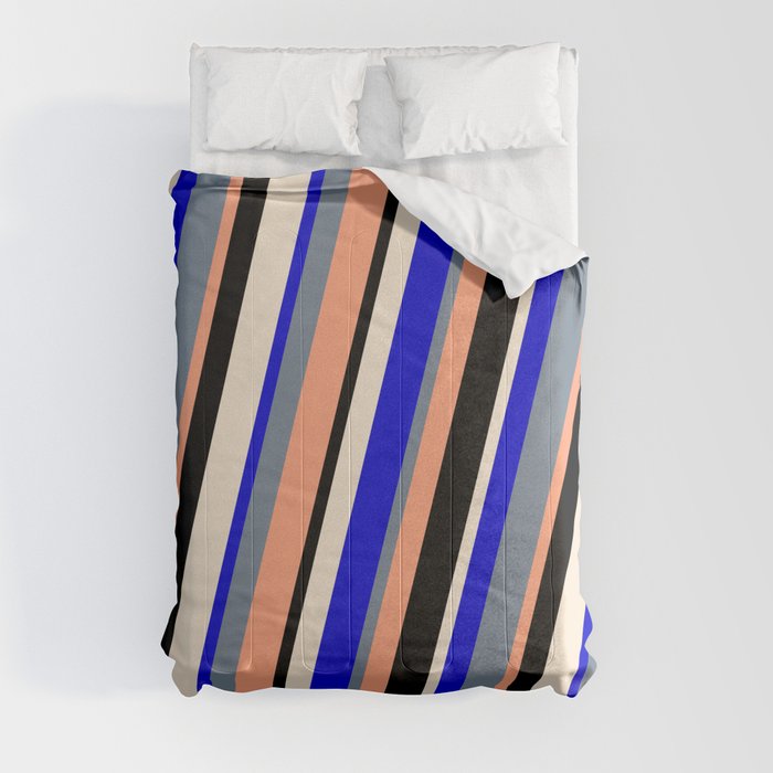 Colorful Blue, Slate Gray, Light Salmon, Black, and Beige Colored Lined/Striped Pattern Comforter