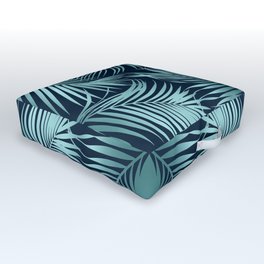 Teal Tropical Palm Leaves on Navy Blue Outdoor Floor Cushion