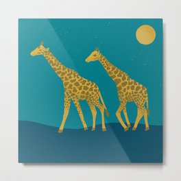 Giraffes Wandering at Night - Brown and Turquoise Metal Print