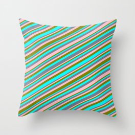 [ Thumbnail: Cyan, Slate Gray, Pink & Green Colored Lines Pattern Throw Pillow ]