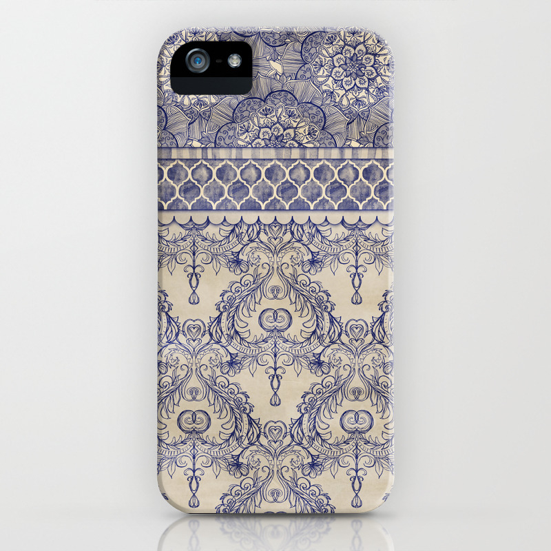Vintage Wallpaper Hand Drawn Patterns In Navy Blue Cream
