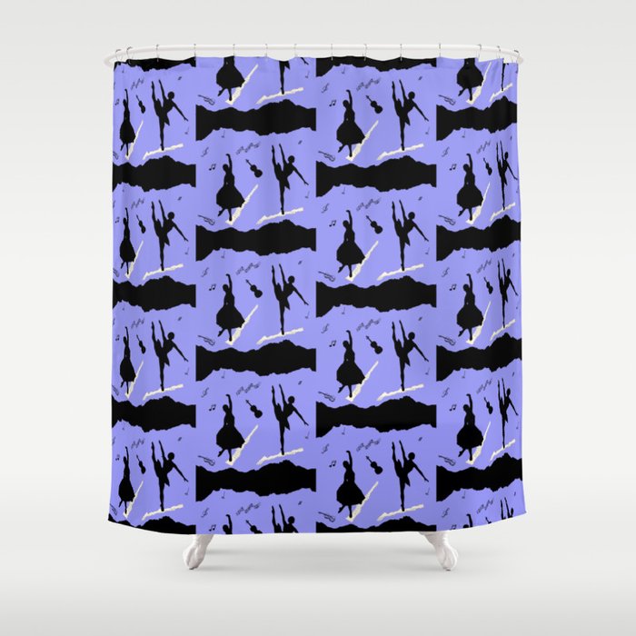 Two ballerina figures in black on blue paper Shower Curtain