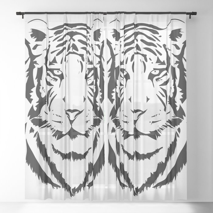 Black and white tiger head with lines Sheer Curtain