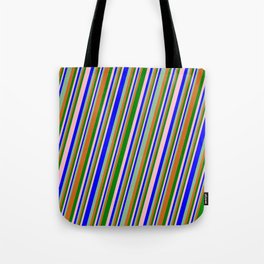 [ Thumbnail: Eyecatching Pink, Blue, Dark Sea Green, Chocolate, and Green Colored Pattern of Stripes Tote Bag ]