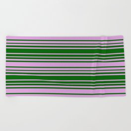 [ Thumbnail: Dark Green and Plum Colored Striped Pattern Beach Towel ]