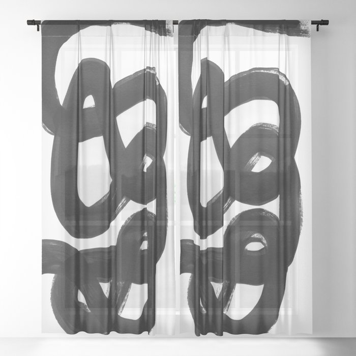 Knots Black White Minimalist Ink Tribal Mid Century Pattern Dark Painting Pattern Sheer Curtain By Enshape