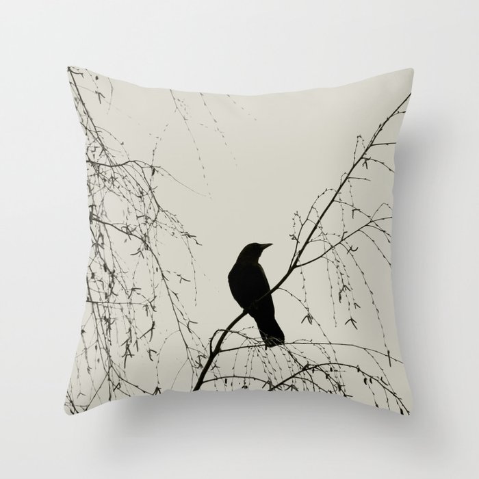 Crow in the Willow - Graphic Birds Series, Plain - Modern Home Decor Throw Pillow