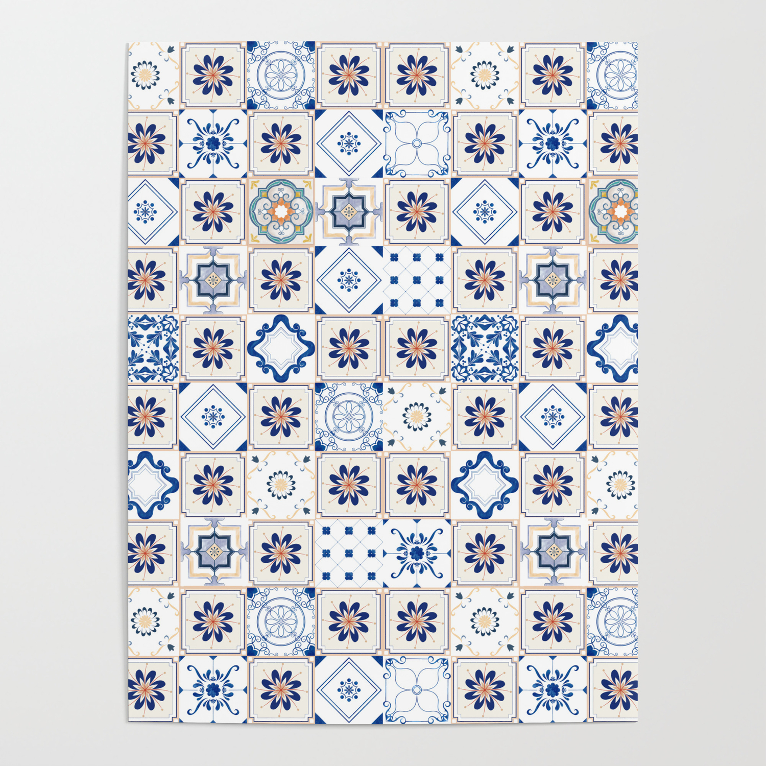 Alhambra Tiles Spanish Tiles Kitchen Decor Classic Accent White Blue Beige  Orange Poster