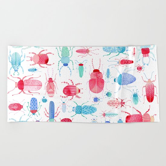 Watercolor Beetles Beach Towel