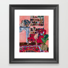 Ginger Cat in Embroidered Red Armchair with Staffordshire Spaniel in Book-Lined Room Interior Painting Framed Art Print