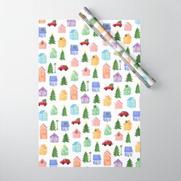 Cheerful Village Wrapping Paper | Christmas, Painting, Christmastrees, Christmasvillage, Colorfulchristmas, Cheerful, Pattern, Bright, Fun, Christmascars 