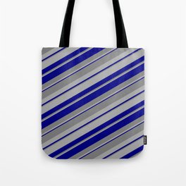 [ Thumbnail: Blue, Gray & Dark Gray Colored Stripes/Lines Pattern Tote Bag ]