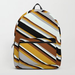 [ Thumbnail: Eyecatching Goldenrod, Grey, Mint Cream, Black, and Brown Colored Stripes Pattern Backpack ]
