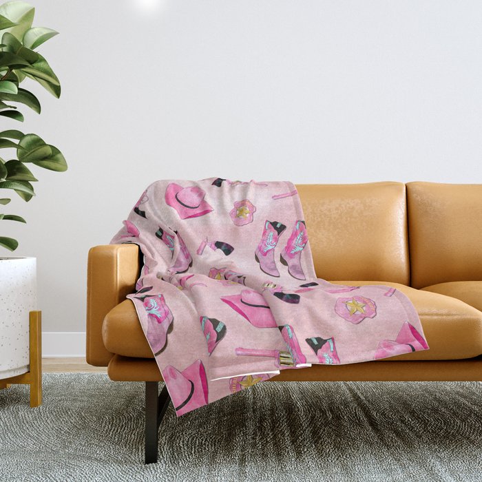 Artsy Cute Girly Pink Teal Cowgirl Watercolor Throw Blanket