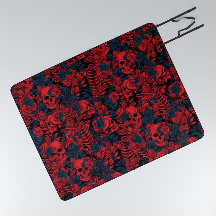 Skulls and Flowers Black Red Blue Vintage Picnic Blanket
