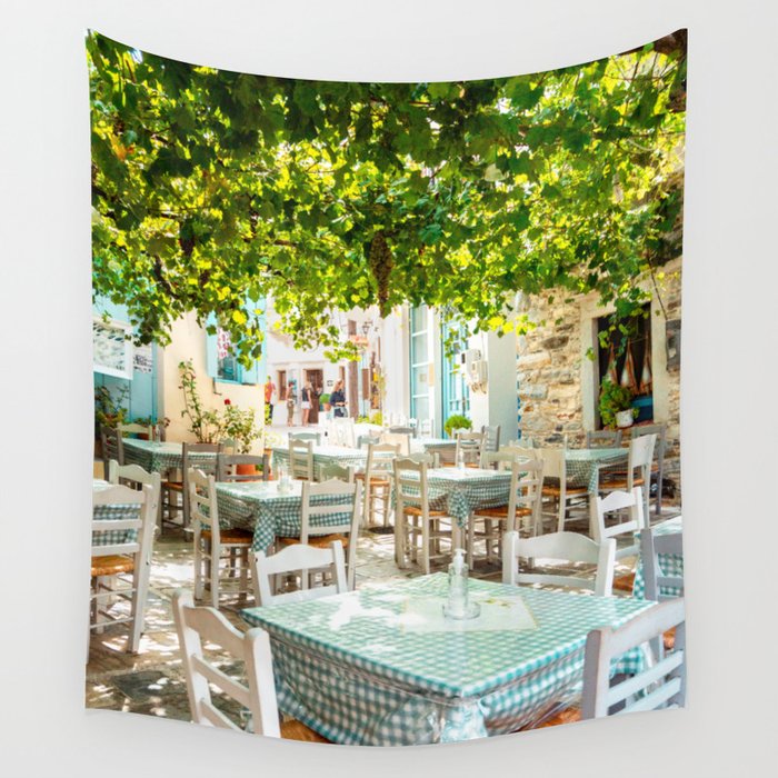 Greek Restaurant | Dinner in the Mediterranean |  Summer and Travel Photography | Happy Colorful vibes Wall Tapestry