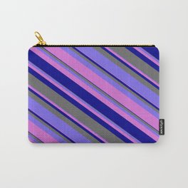 [ Thumbnail: Medium Slate Blue, Orchid, Dark Blue & Dim Grey Colored Stripes/Lines Pattern Carry-All Pouch ]