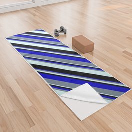 [ Thumbnail: Blue, Light Slate Gray, Light Cyan, and Black Colored Lined/Striped Pattern Yoga Towel ]