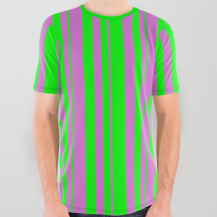 Lime and Orchid Colored Lines/Stripes Pattern All Over Graphic Tee