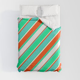 [ Thumbnail: Red, Turquoise, Green, and White Colored Lines Pattern Duvet Cover ]