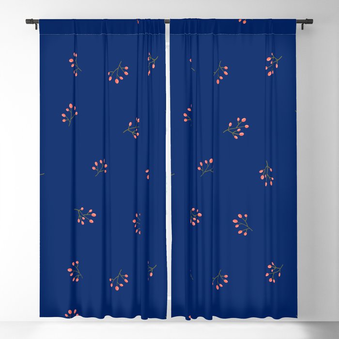 Branches With Red Berries Seamless Pattern on Blue Background Blackout Curtain
