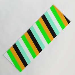 [ Thumbnail: Vibrant Lime, Orange, Black, Aquamarine & Mint Cream Colored Pattern of Stripes Yoga Mat ]