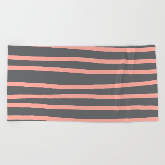 Simply Drawn Stripes Salmon Pink on Storm Gray Beach Towel