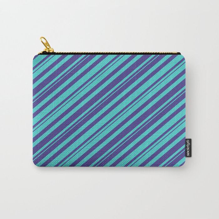 Dark Slate Blue and Turquoise Colored Striped/Lined Pattern Carry-All Pouch