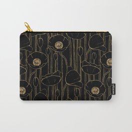 Poppies Field, Floral Hand-drawn Poppy Pattern, Elegant Black and Gold Texture Print, Luxury Decor Carry-All Pouch