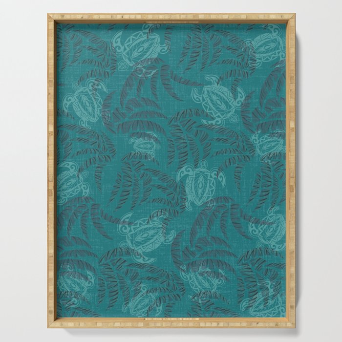 Hawaiian Emerald Ocean Turtles and Palm Leaves Pattern Serving Tray