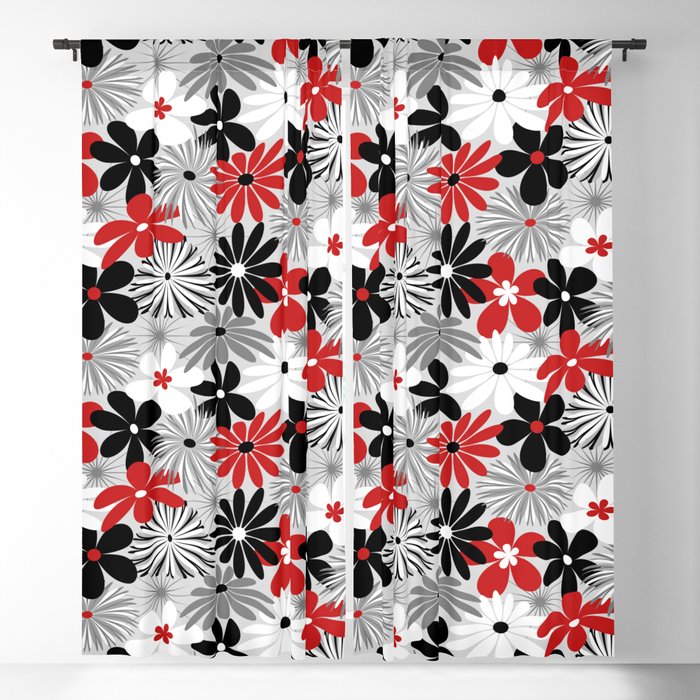 Funky Flowers in Red, Gray, Black and White Blackout Curtain