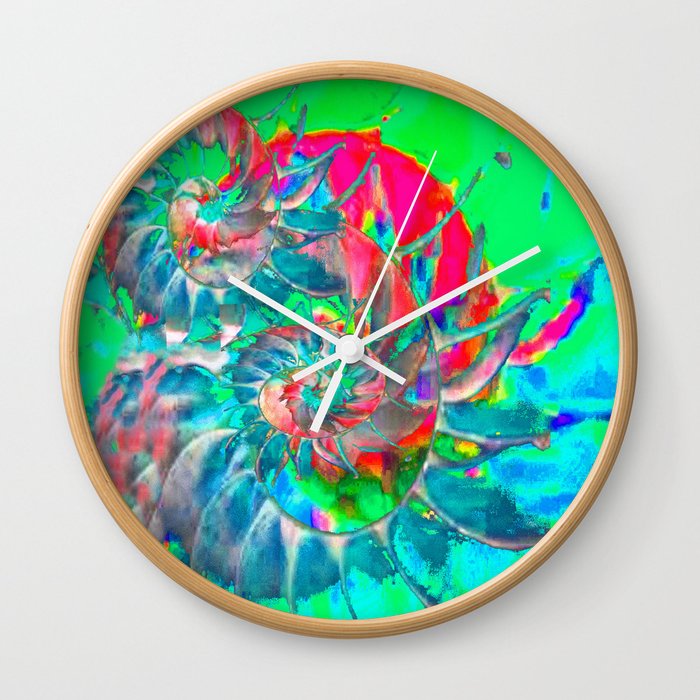  Sea Creatures Spirals in  Greens-Coral-Fuchsia Colors Abstract Wall Clock