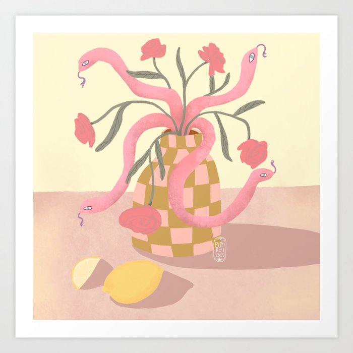 Trendy Retro Checkerd Flower Vase Stilllife with Snakes and Lemons  Art Print