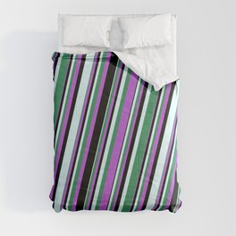 [ Thumbnail: Orchid, Black, Light Cyan, and Sea Green Colored Lined/Striped Pattern Comforter ]